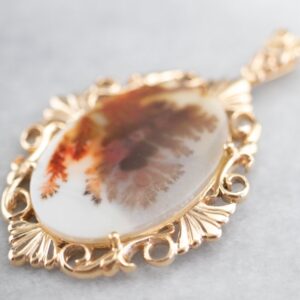 14K Yellow Gold Dendritic Agate Pendant, Oval Cabochon