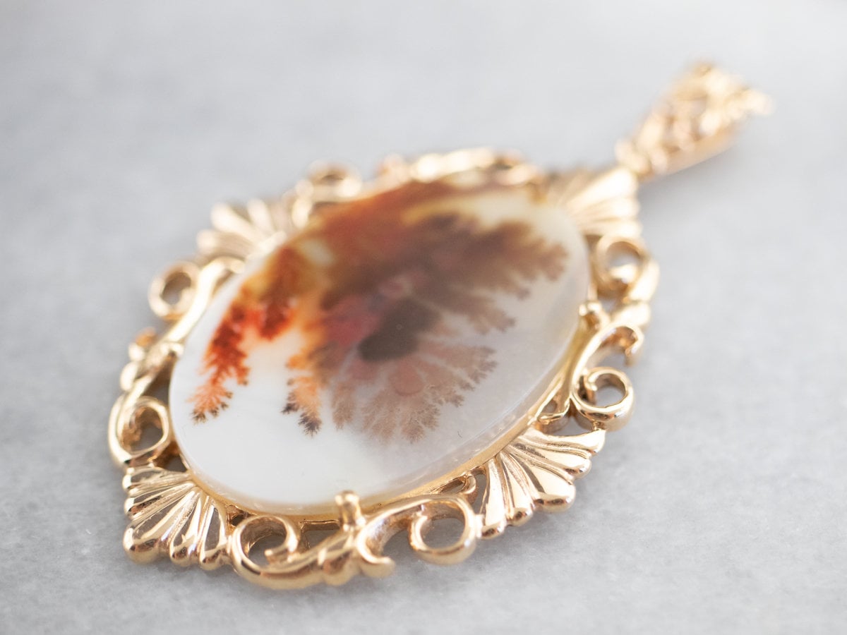 14k Yellow Gold Dendritic Agate Pendant, Oval Cabochon