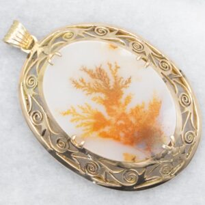 14K Yellow Gold Dendritic Agate Pendant, Scrolling Frame