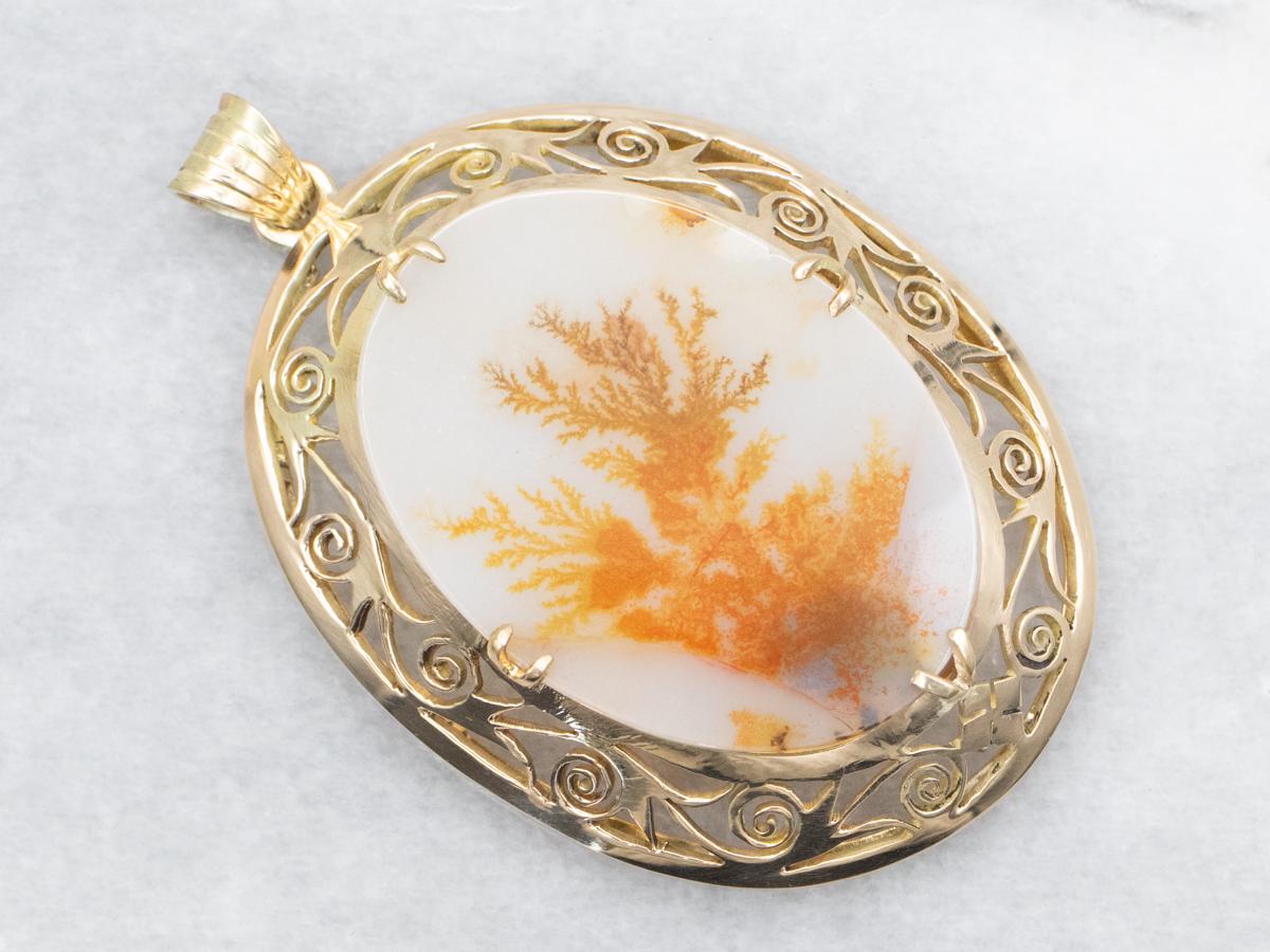 14k Yellow Gold Dendritic Agate Pendant, Scrolling Frame