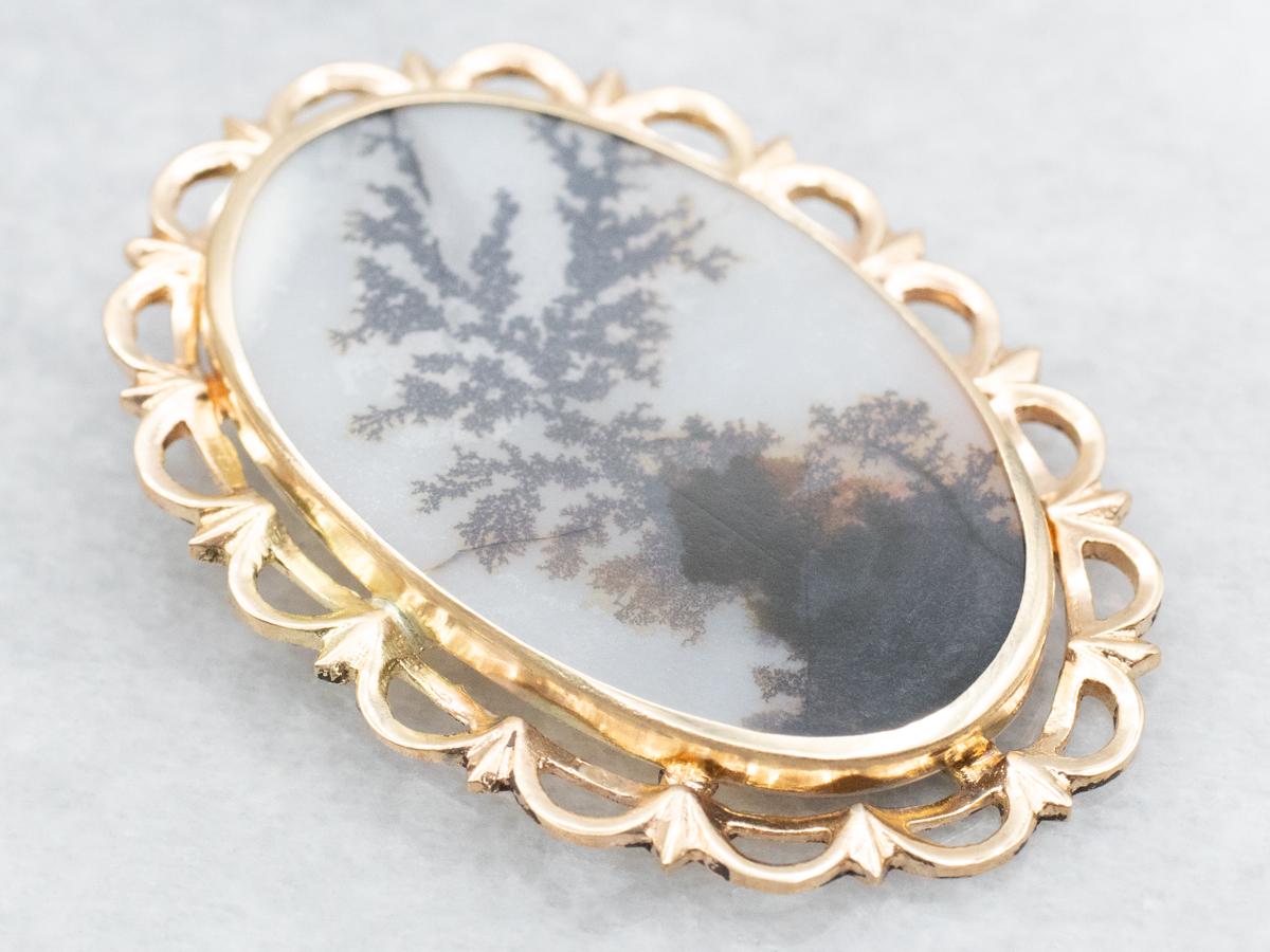 14k Yellow Gold Dendritic Agate Cabochon Pendant