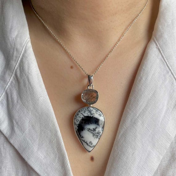 Dendritic Agate, Black Rutile Pendant / 925 Sterling Silver / Healing Gemstone / Gift For Her/ Dendritic Agate / Statement Pendant Dda-p-49. Dendritic Agate, Black Rutile Pendant / 925 Sterling Silver / Healing Gemstone / Gift For Her/ Dendritic Agate / Statement Pendant Dda-p-49.