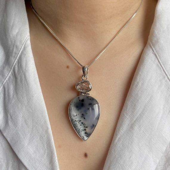 Dendritic Agate, Black Rutile Pendant / 925 Sterling Silver / Healing Gemstone / Gift For Her/ Dendritic Agate / Statement Pendant Dda-p-31.