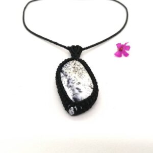 Dendrite Agate Pendant: Micro Macrame Necklace, Snow White Stone