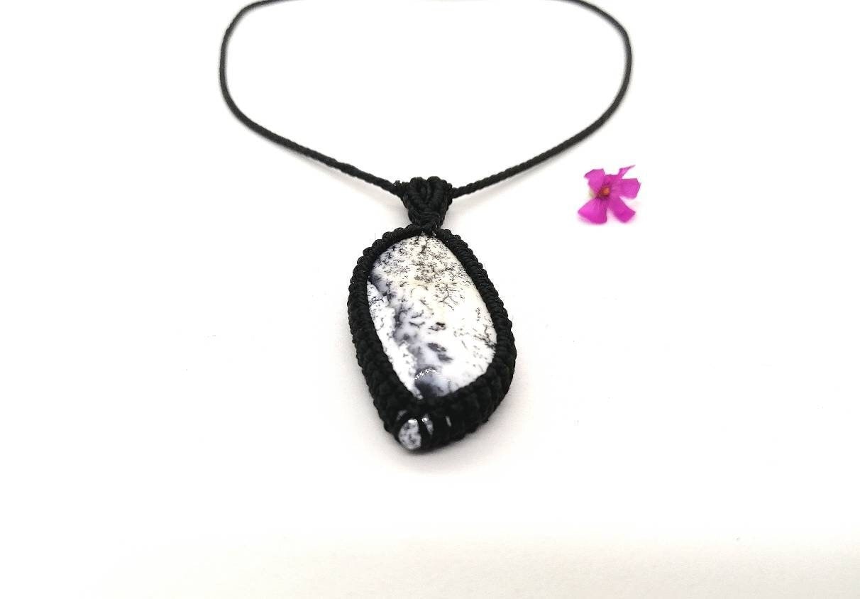 Dendrite Agate Pendant: Micro Macrame Necklace, Snow White Stone Dendrite Agate Pendant: Micro Macrame Necklace, Snow White Stone