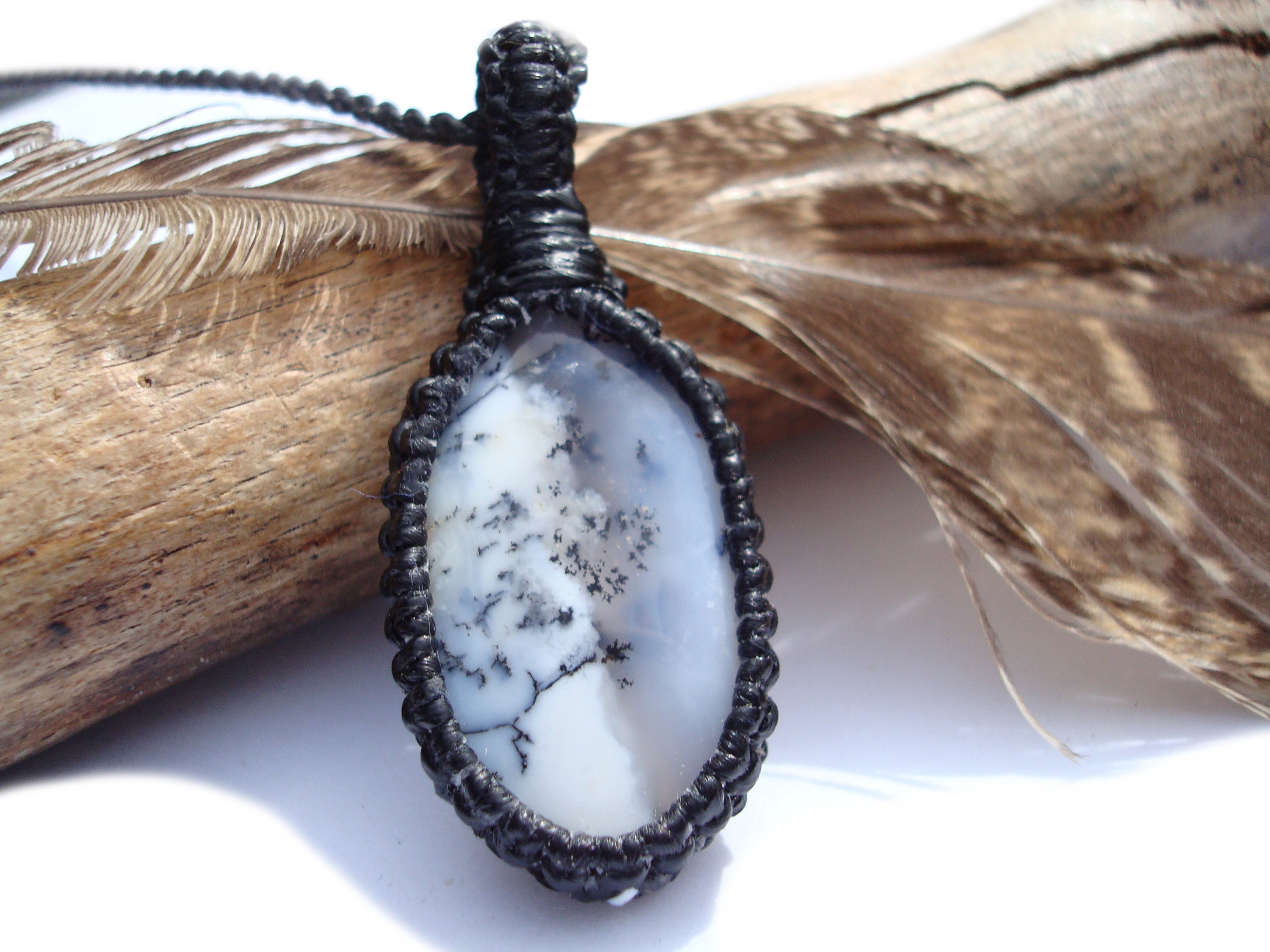Dendrite Agate Necklace: Macrame Pendant, Yin Yang Jewelry Dendrite Agate Necklace: Macrame Pendant, Yin Yang Jewelry