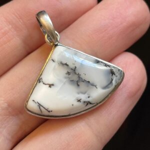Agate Fan Pendant - Genuine Dendritic Agate Set in Sterling Silver - Black and White Patterns - Powerful Healing Crystal Necklace