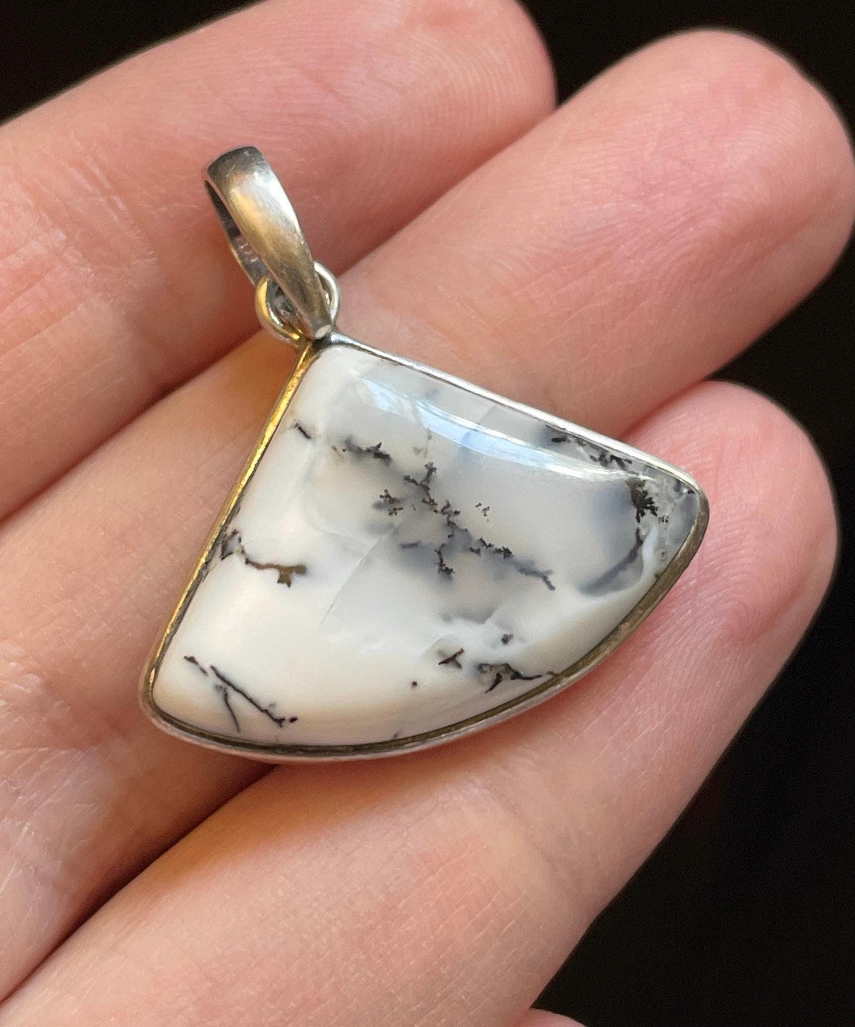 Agate Fan Pendant - Genuine Dendritic Agate Set In Sterling Silver - Black And White Patterns - Powerful Healing Crystal Necklace