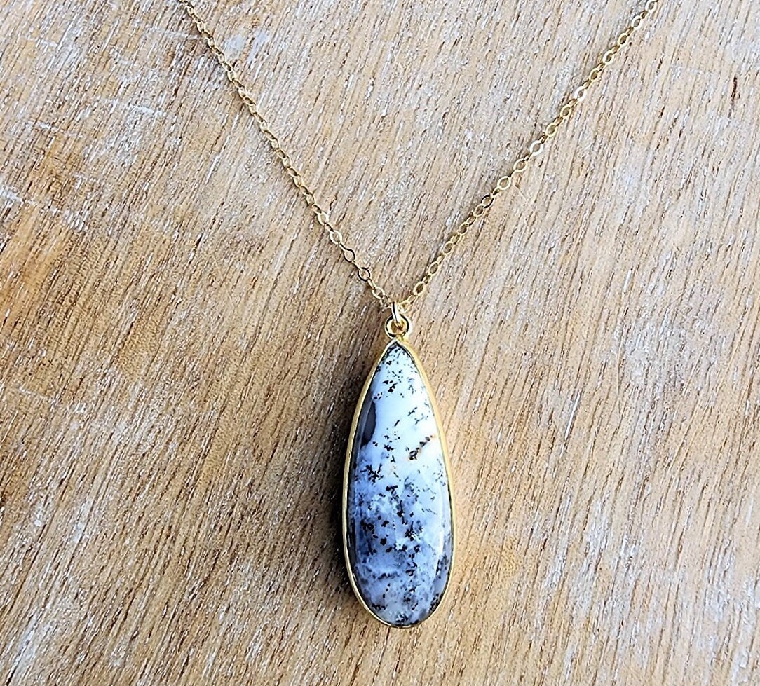 Dendritic Agate Gemstone Teardrop Pendant Necklace Gold, 18 Inch Necklace, Layering Necklace, Dainty Gold Necklace, Black And White Pendant
