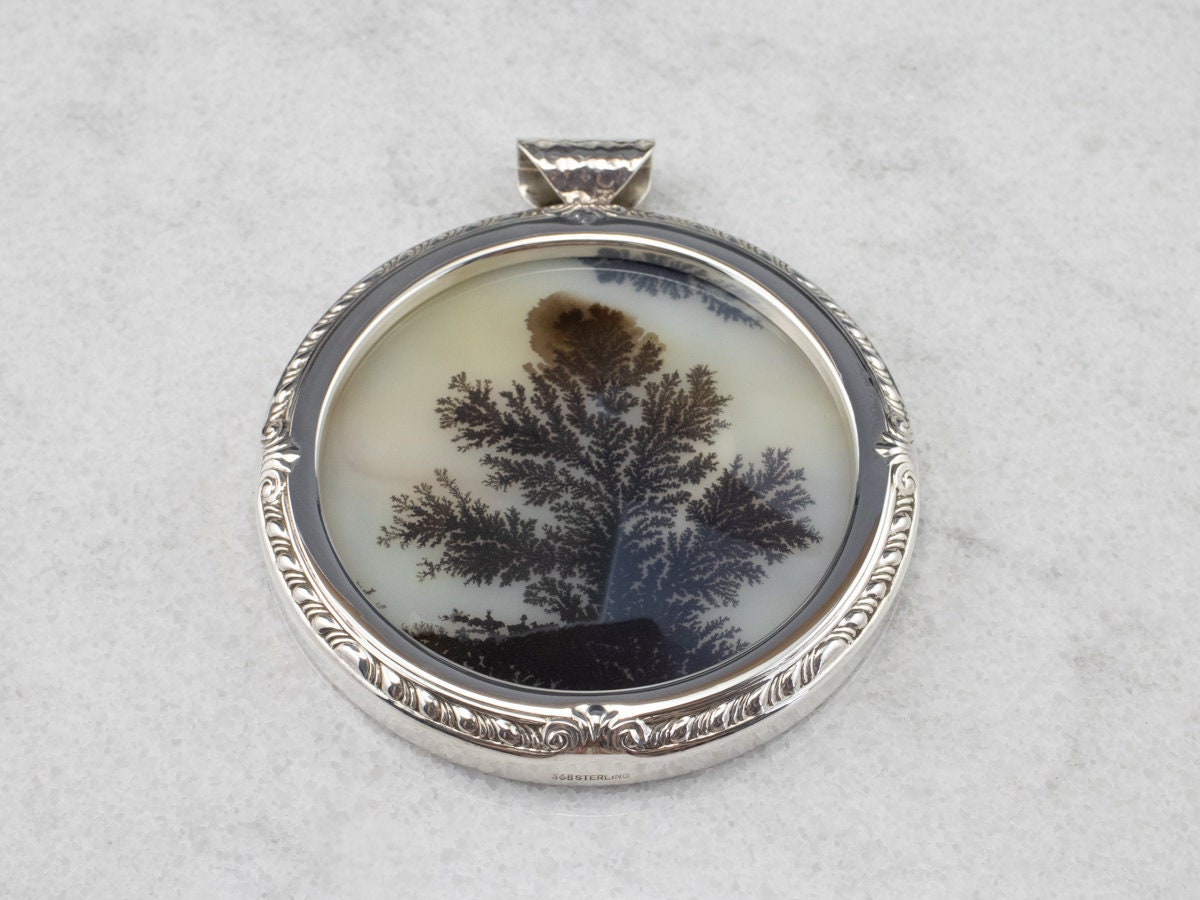 Huge Dendritic Agate Pendant, Shazar Stone, 925 Silver, Landscape Agate