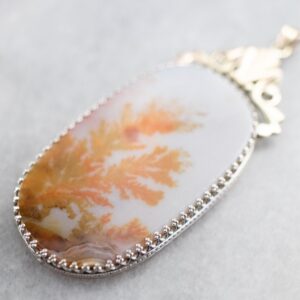 Large Dendritic Agate Pendant, Sterling Silver & 14K Gold Frame