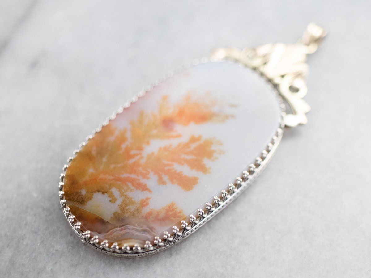 Large Dendritic Agate Pendant, Sterling Silver & 14k Gold Frame