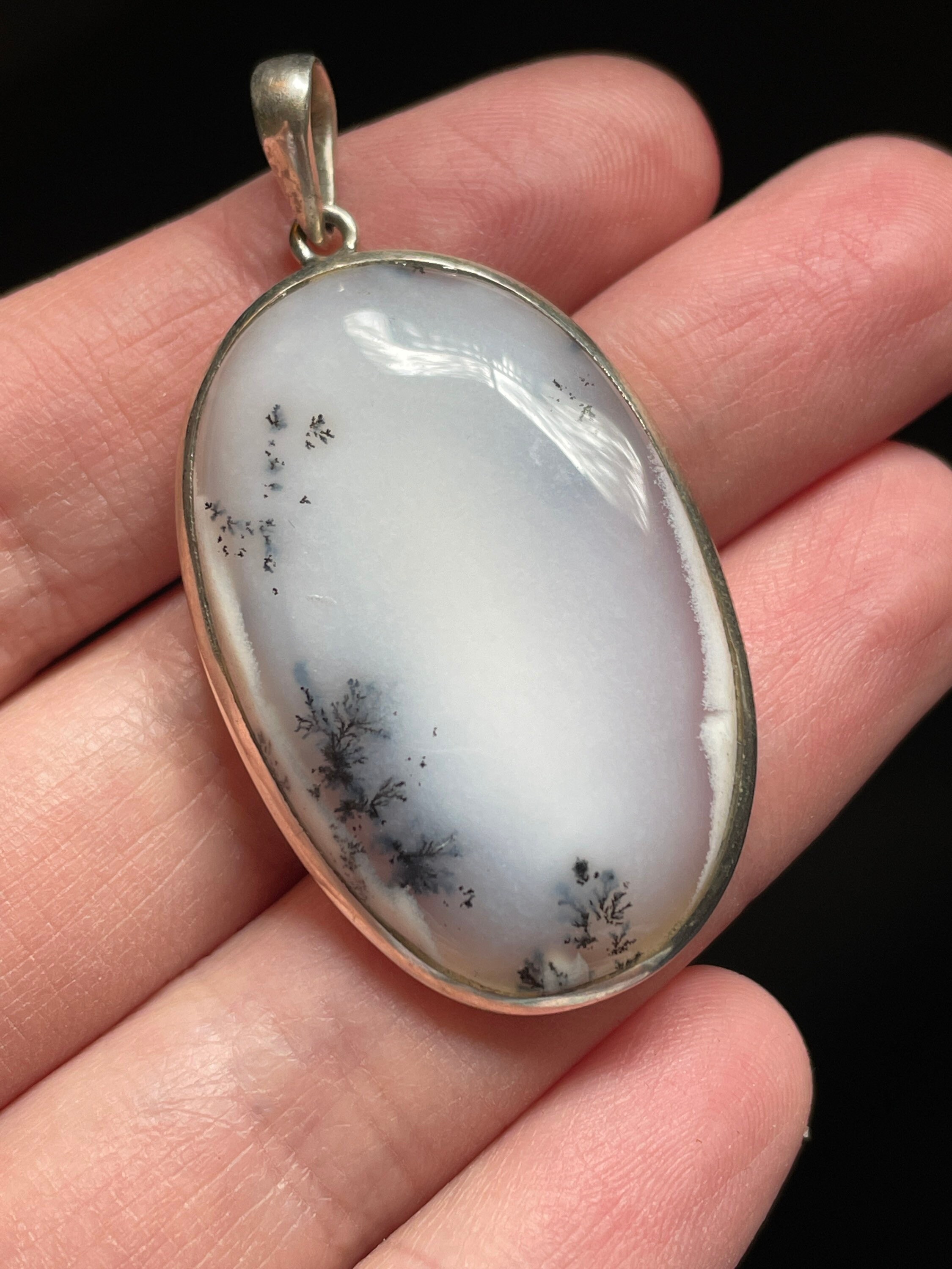 Dendritic Agate Pendant - Natural Black And White Oval Gemstone And Sterling Silver Necklace - Stunning Detail - Calming Healing Crystal Dendritic Agate Pendant - Natural Black And White Oval Gemstone And Sterling Silver Necklace - Stunning Detail - Calming Healing Crystal