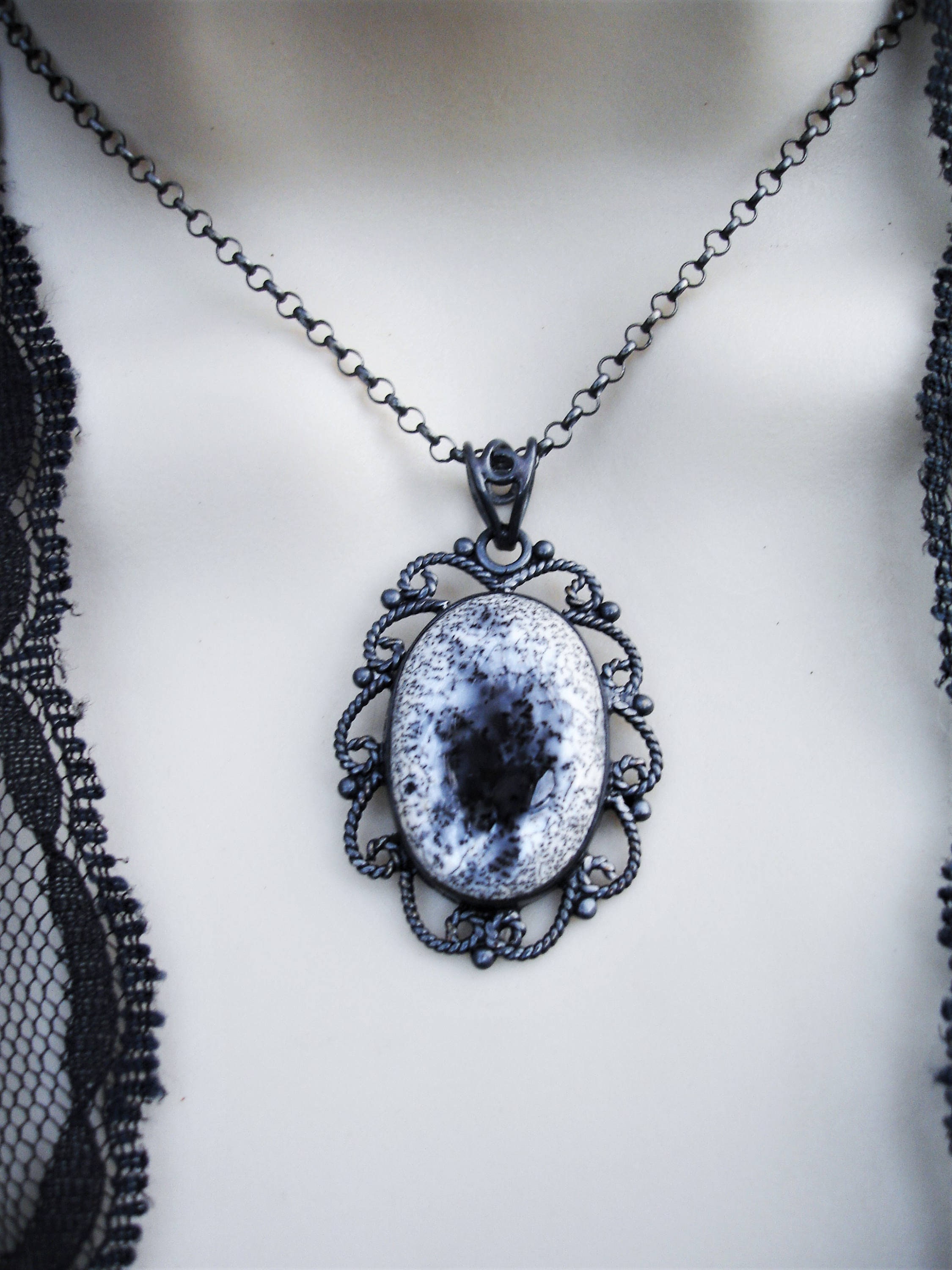 Dendritic Agate Oxidized Sterling Silver Pendant Necklace