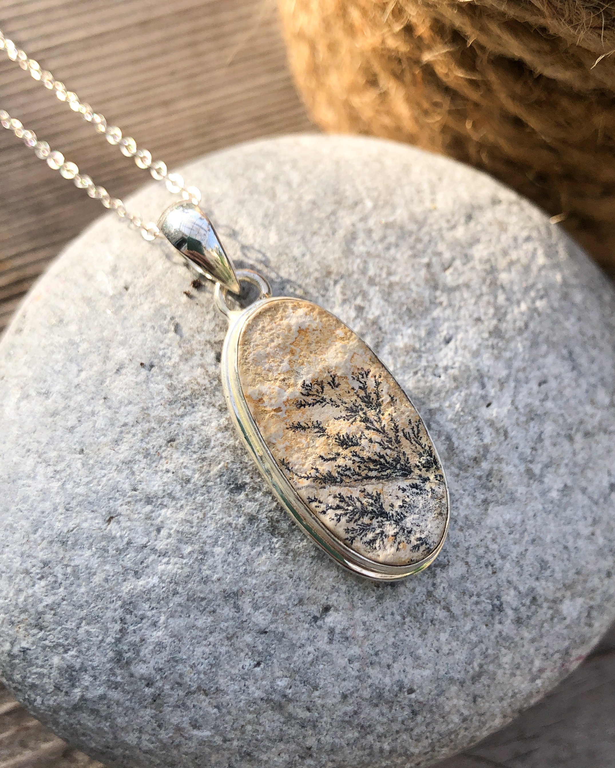 Raw Dendritic Agate Sterling Silver Pendant, Oval Shaped, Raw Yellow Stone, Moss Dendrite Agate, Ochre Pendant, Natural Raw Stone Pendant
