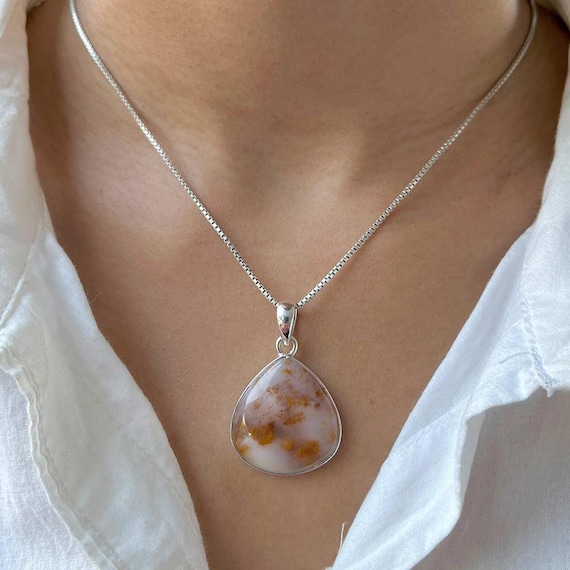 Russian Dendritic Agate Pendant / 925 Sterling Silver / Healing Gemstone / Pear Cab / Dendritic Agate Jewelry / Statement Pendant Rda-p-37.