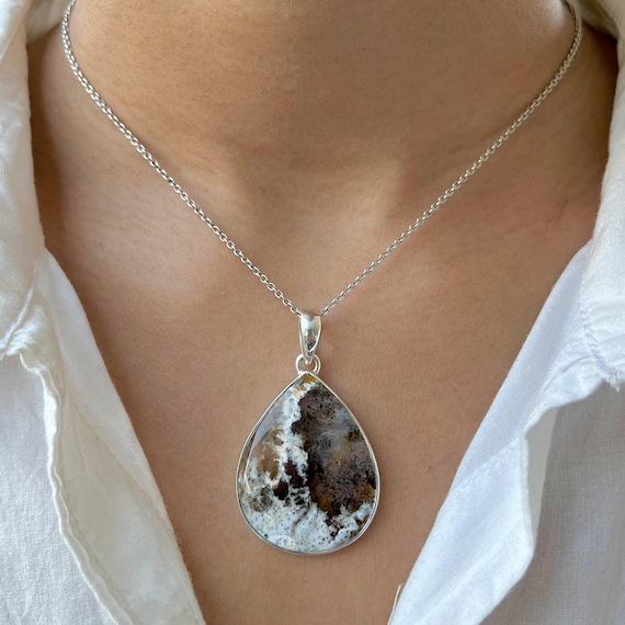 Russian Dendritic Agate Pendant / 925 Sterling Silver / Healing Gemstone / Pear Cab / Dendritic Agate Jewelry / Statement Pendant Rda-p-24.