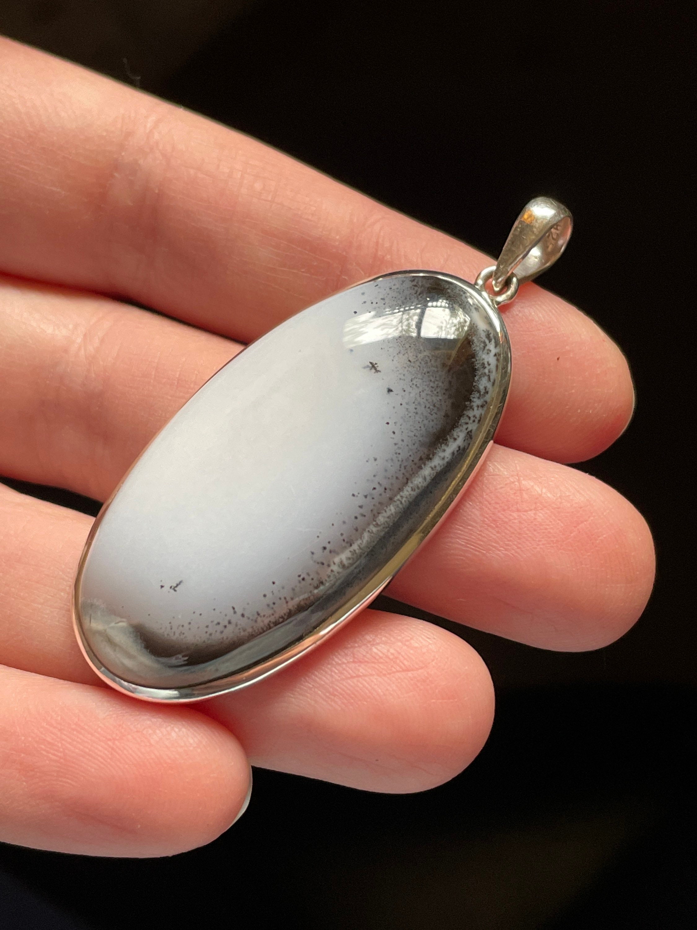 Dendritic Agate Pendant Set In Sterling Silver - Beautiful Black And White Speckled Pattern - Handmade Healing Crystal Necklace