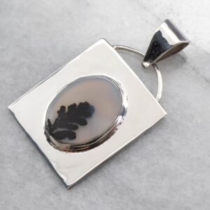 Sterling Silver Dendritic Agate Pendant, Minimalist Unisex Jewelry