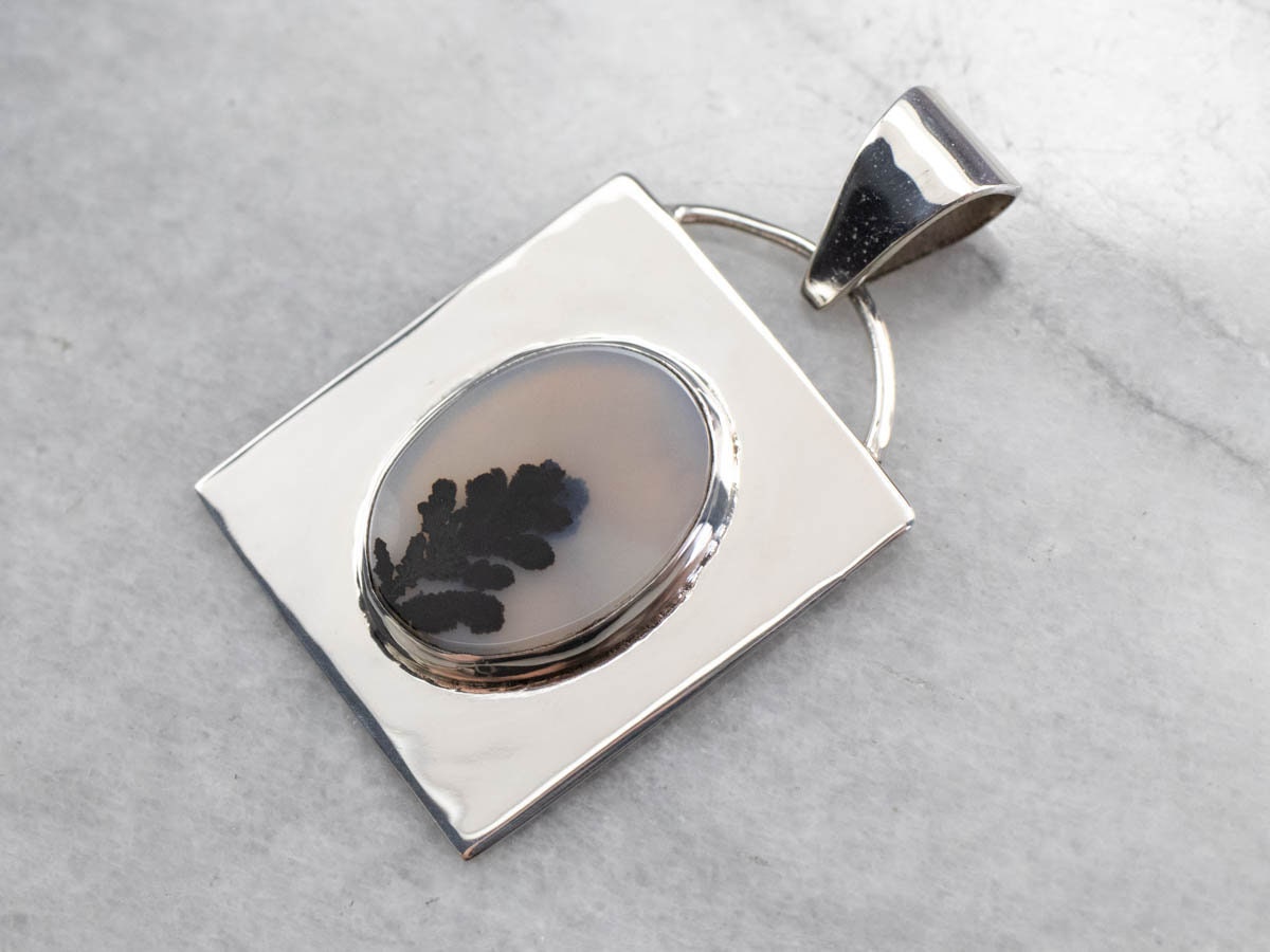 Sterling Silver Dendritic Agate Pendant, Minimalist Unisex Jewelry