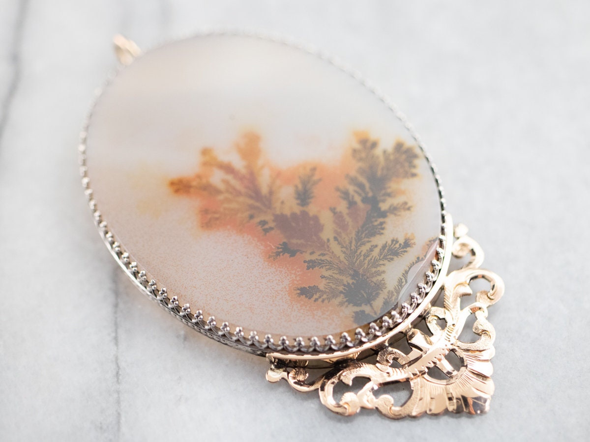 Dendritic Agate Pendant, Sterling Silver And 14k Gold Frame