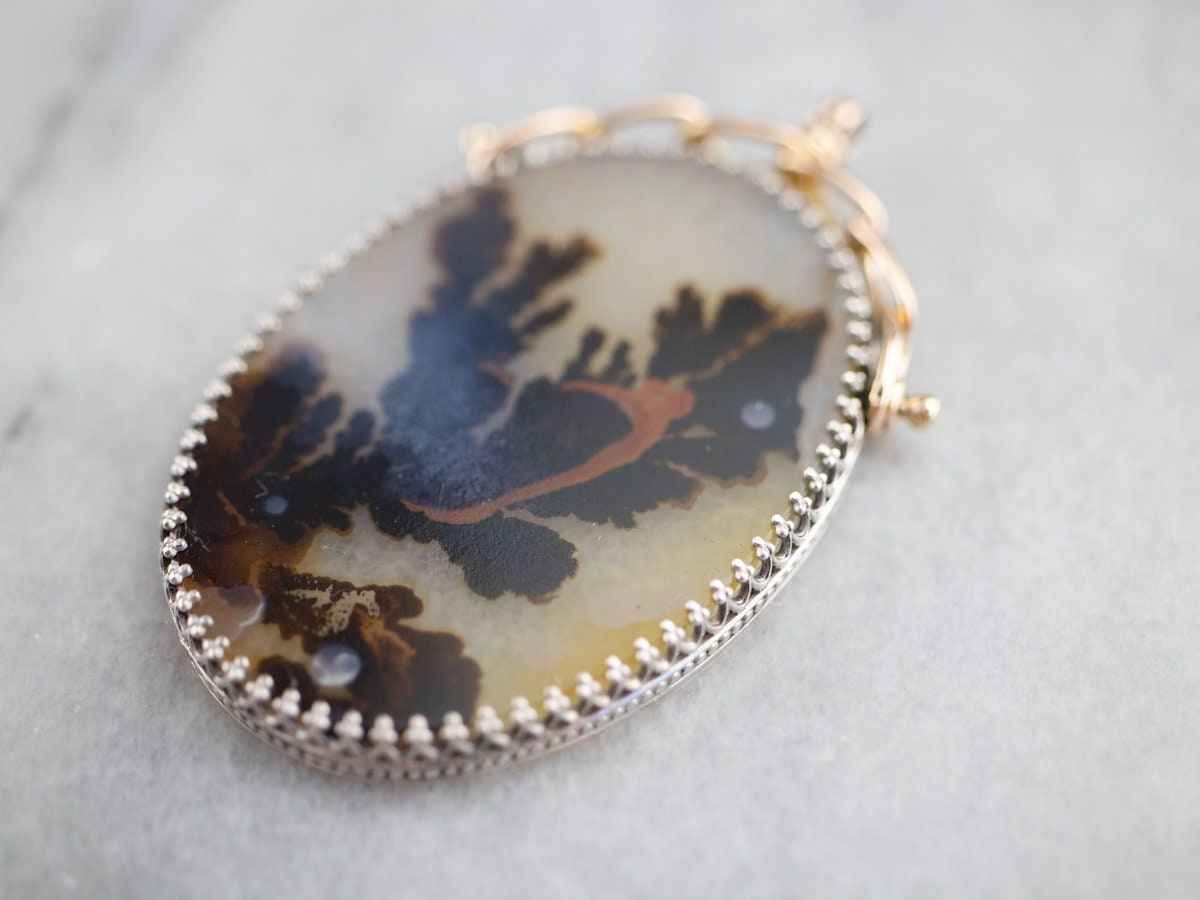 Dendritic Agate Pendant, Sterling Silver & 14k Gold Bail