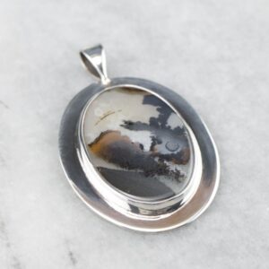 Sterling Silver Oval Dendritic Agate Pendant, Unisex Minimalist Jewelry