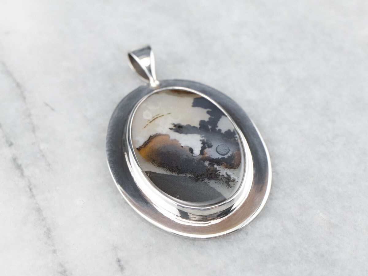 Sterling Silver Oval Dendritic Agate Pendant, Unisex Minimalist Jewelry Sterling Silver Oval Dendritic Agate Pendant, Unisex Minimalist Jewelry