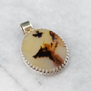 Dendritic Agate Pendant, Sterling Silver & 14K Gold, Oval Cabochon