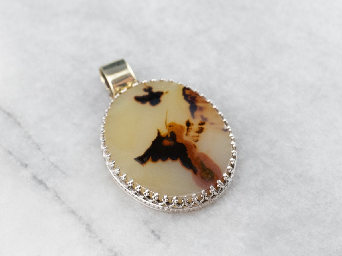 Dendritic Agate Pendant, Sterling Silver & 14k Gold, Oval Cabochon Dendritic Agate Pendant, Sterling Silver & 14k Gold, Oval Cabochon