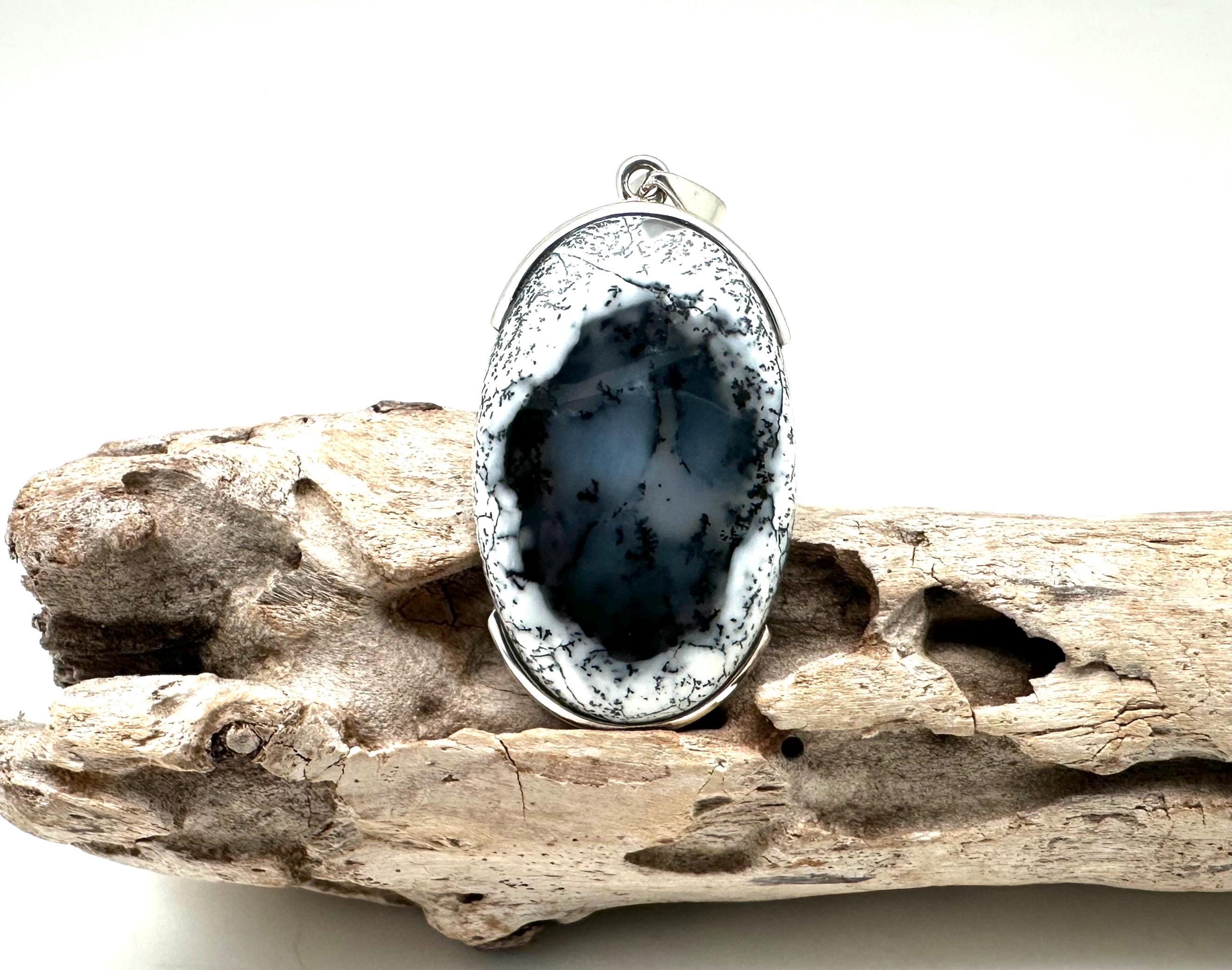Sterling Silver Dendritic Agate Pendant – Natural Stone, 42mm Sterling Silver Dendritic Agate Pendant – Natural Stone, 42mm