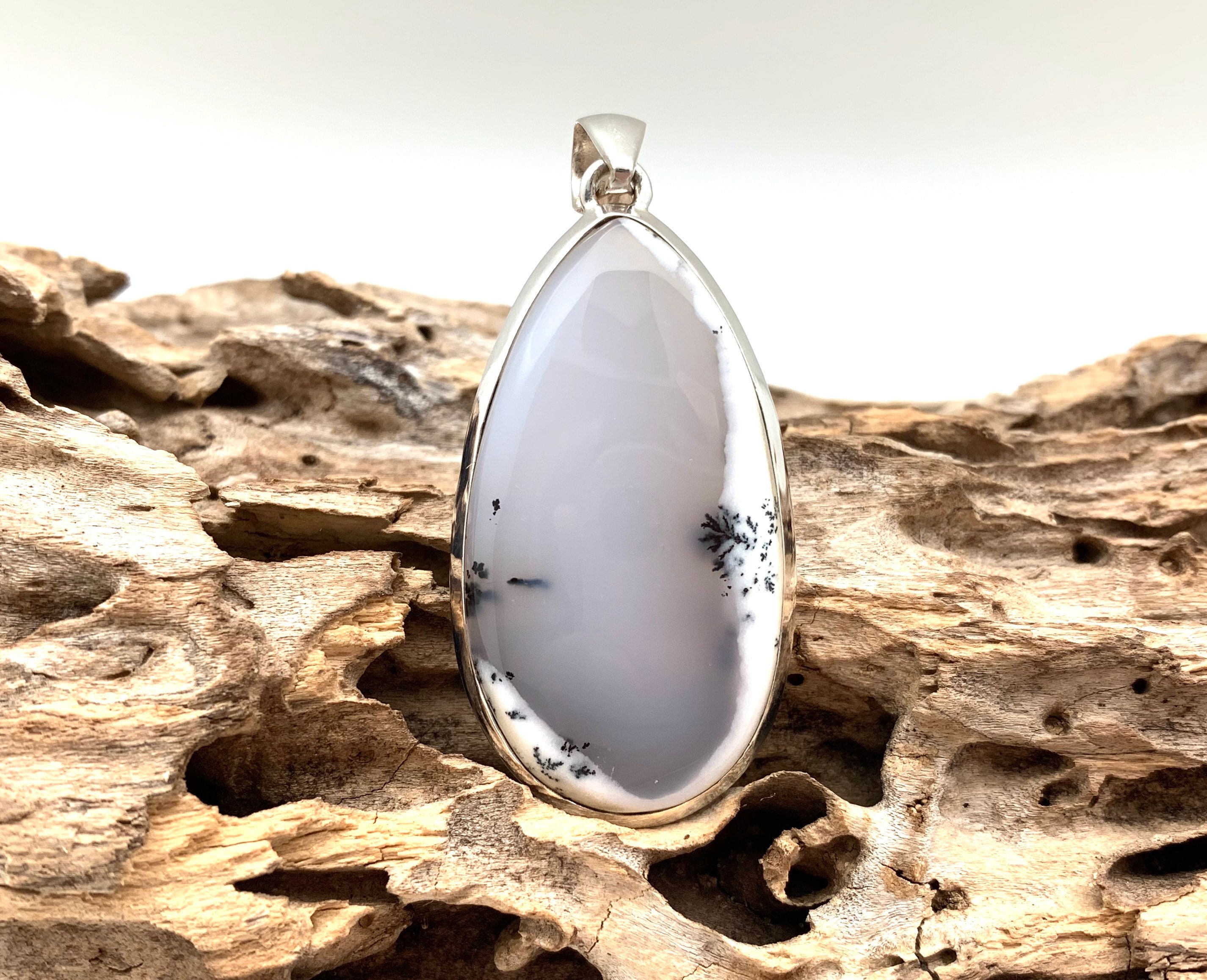 Dendritic Agate Sterling Silver Pendant, Teardrop Stone