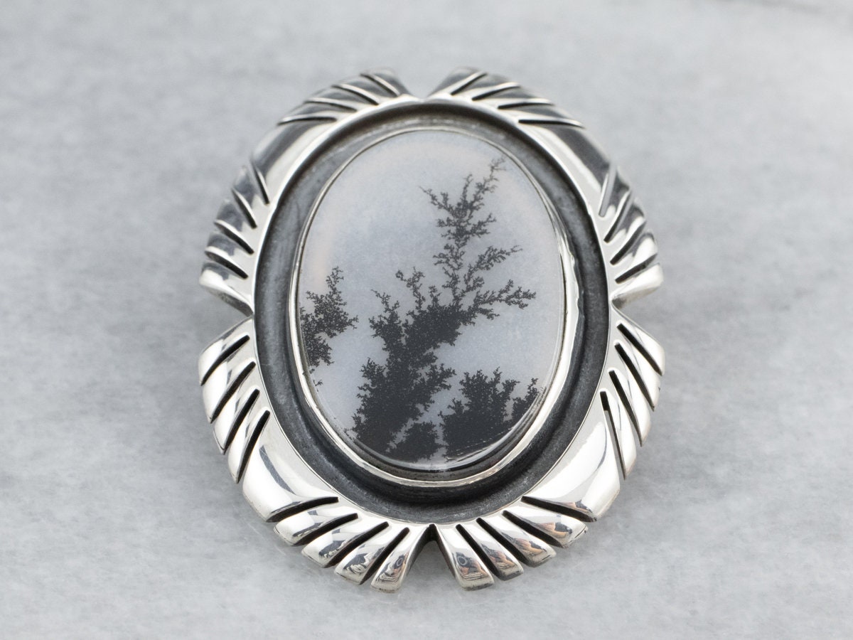 Tribal Sterling Silver Dendritic Agate Pin Pendant