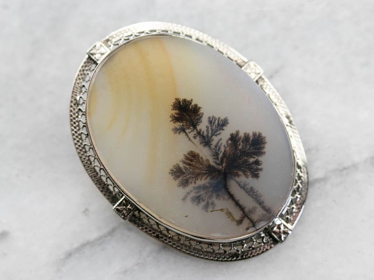 Vintage 14k White Gold Dendritic Agate Brooch Pendant