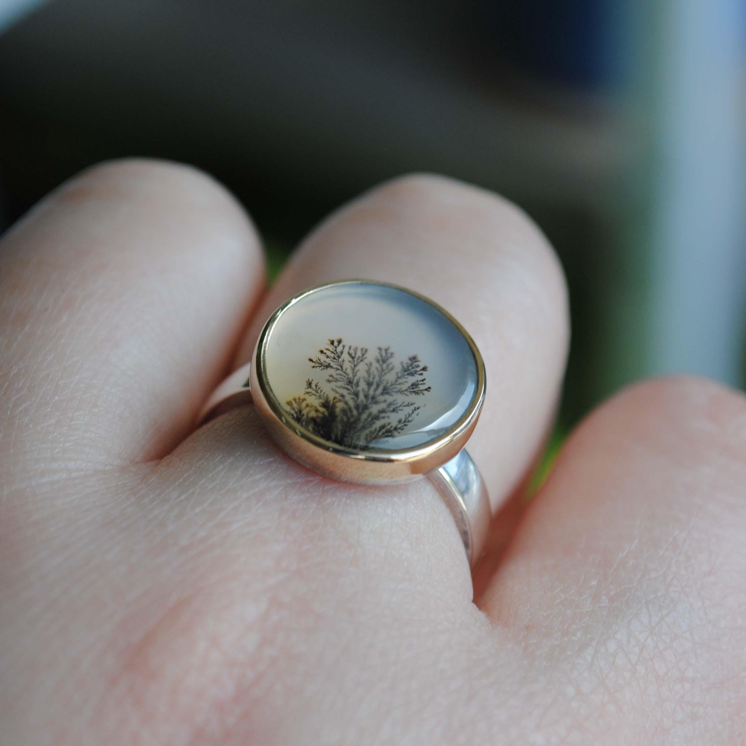 Dendritic Agate Ring, 14k Gold And Sterling Silver Dendritic Agate Jewelry (ring Size 7.5, 7.75. 8)