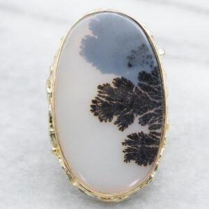 14K Green Gold Dendritic Agate Ring, Vintage Cabochon 14K Green Gold Dendritic Agate Ring, Vintage Cabochon