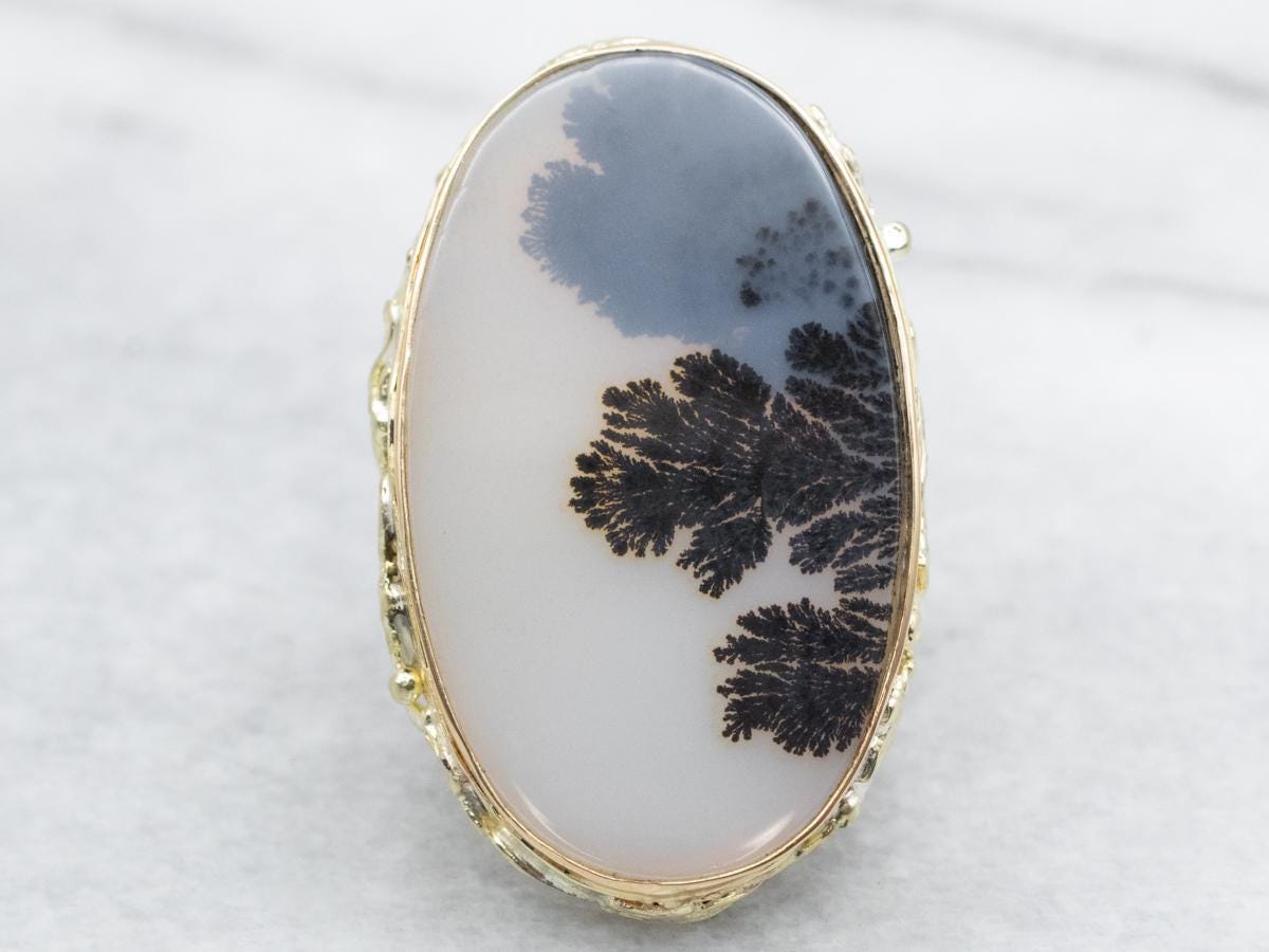 14k Green Gold Dendritic Agate Ring, Vintage Cabochon