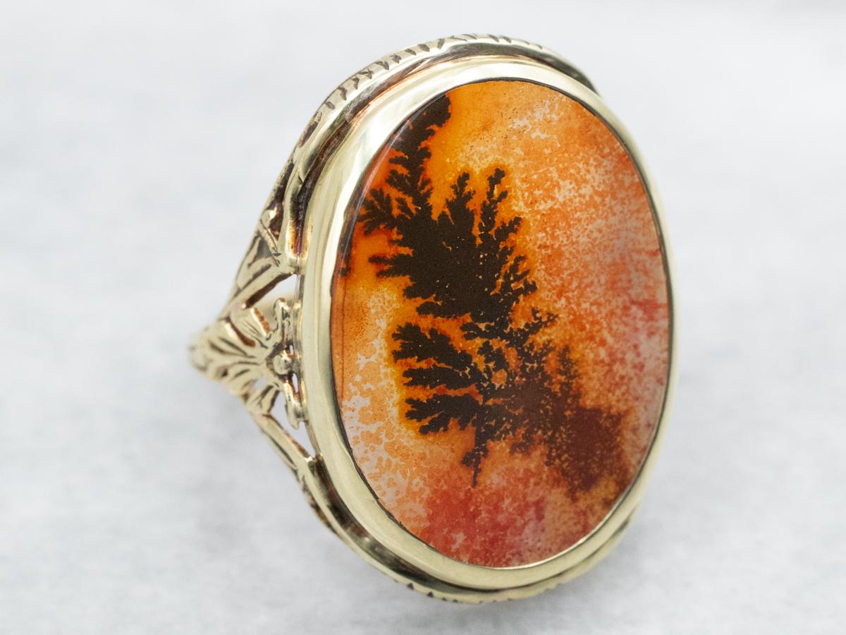 14k Yellow Gold Orange Dendritic Agate Filigree Ring
