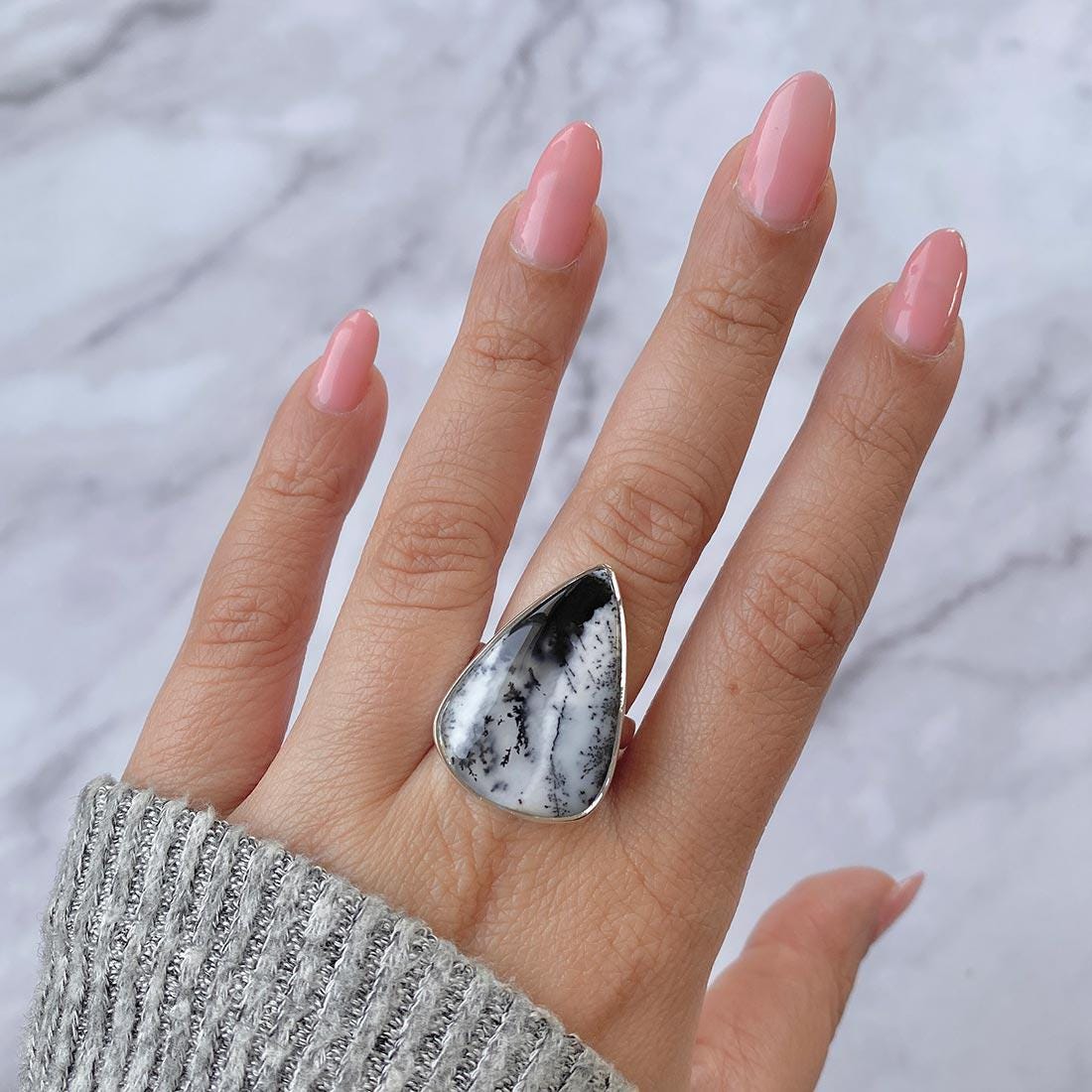 Dendritic Agate Adjustable Ring / 925 Sterling Silver / Healing Gemstone / Pear Cab / Dendritic Agate Jewellery / Statement Ring Dda-r-23.