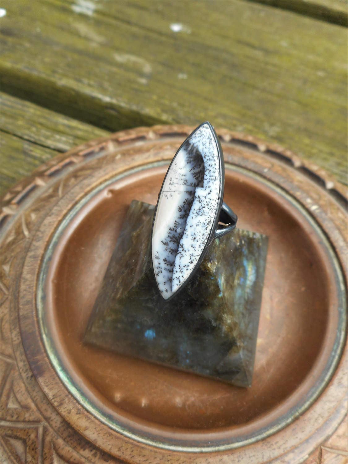 Black And White Dendritic Agate Size 6 1/2 Large Marquise Sterling Silver Oxidized Ring