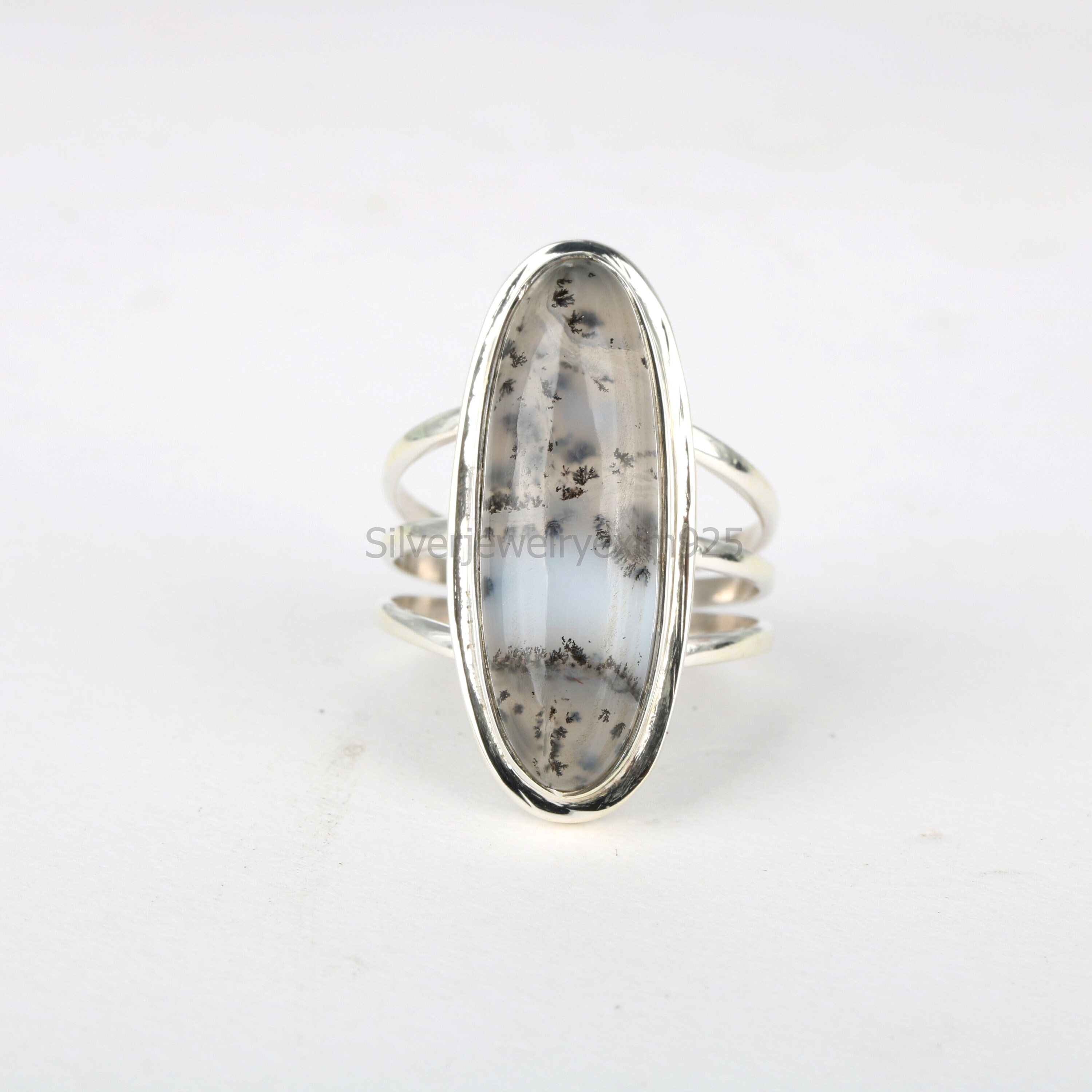 Dendrite Agate 925 Sterling Silver Ring: Bohemian Statement Band