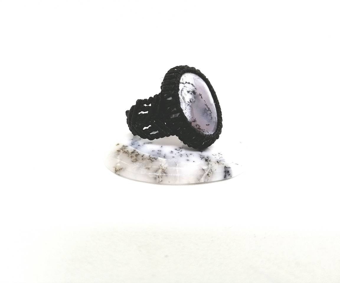 Dendrite Agate Macrame Ring: Black Waxed Thread, Natural Stone