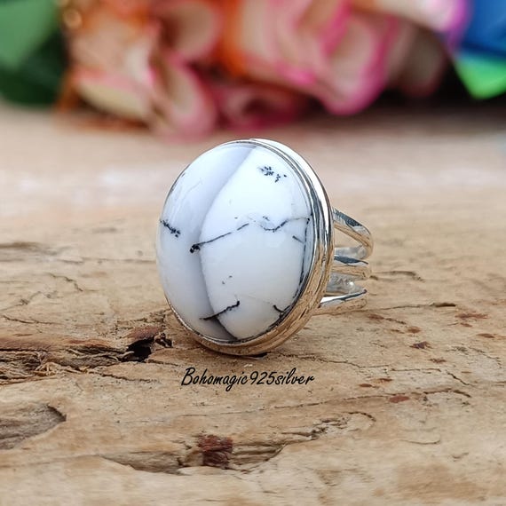 Handmade Dendritic Agate Ring: 925 Sterling Silver Gemstone Jewelry