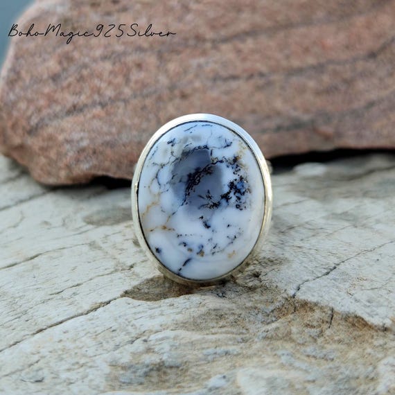 Handmade Dendritic Agate 925 Sterling Silver Ring: Bohemian Jewelry