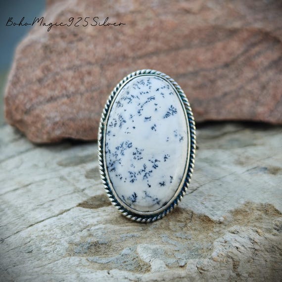 Handmade Dendritic Agate 925 Sterling Silver Ring: Bohemian Jewelry