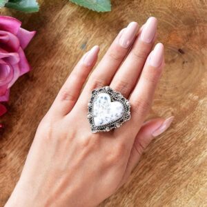 Handmade Dendritic Agate & Sterling Silver Adjustable Heart Ring Handmade Dendritic Agate & Sterling Silver Adjustable Heart Ring