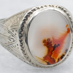 Men's 14K White Gold Dendritic Agate Ring, Etched Band Men's 14K White Gold Dendritic Agate Ring, Etched Band