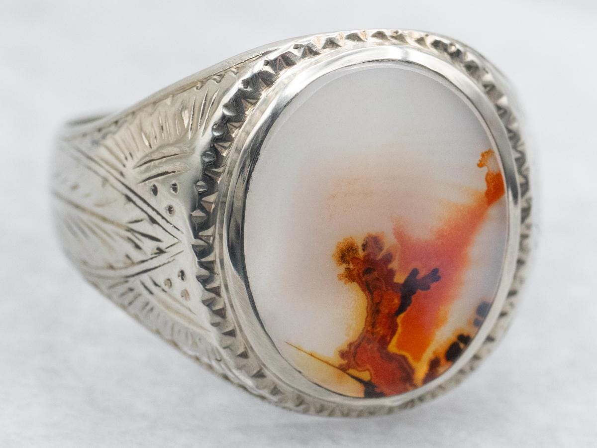 Men's 14k White Gold Dendritic Agate Ring, Etched Band