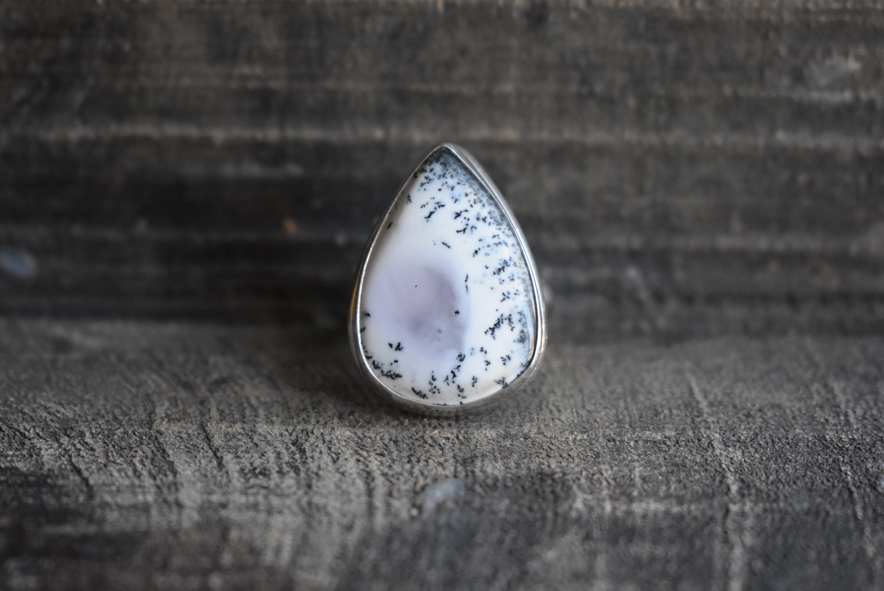 Natural Dendritic Agate 925 Silver Ring, Drop Shape