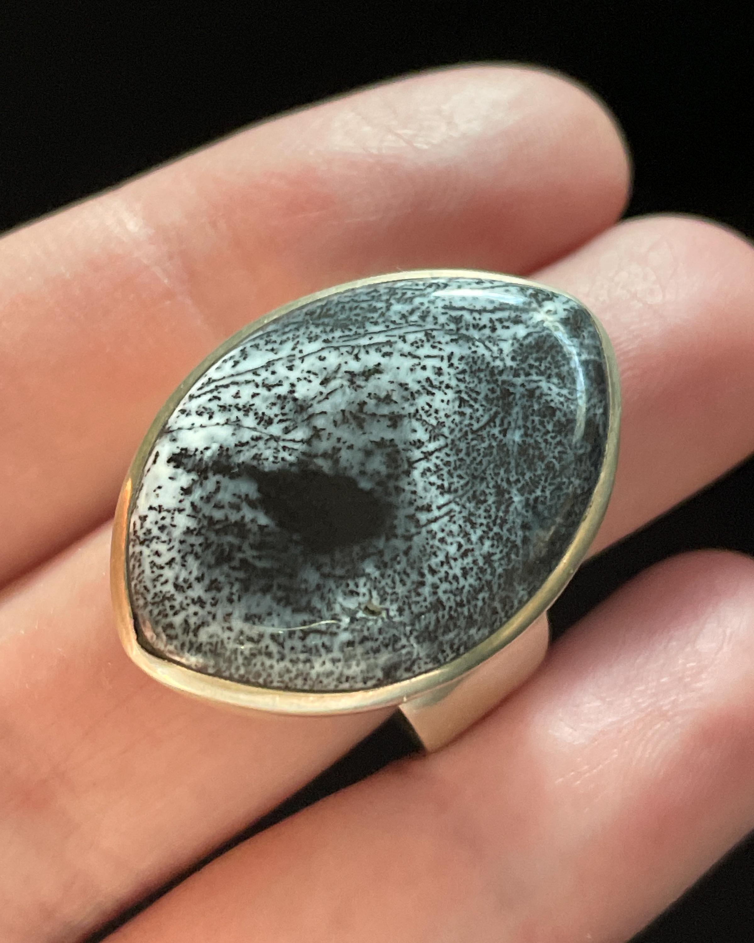 Natural Dendrite Leaf Ring, Size 9 Usa, Beautiful Black And White Dendritic Agate, Handmade With Solid Sterling Silver, Perfect Gift!